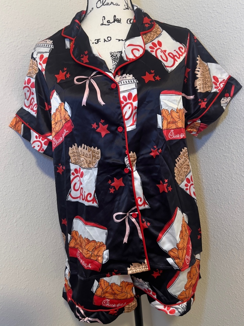 Novelty Black & Red Short Pajama Set with Food Print